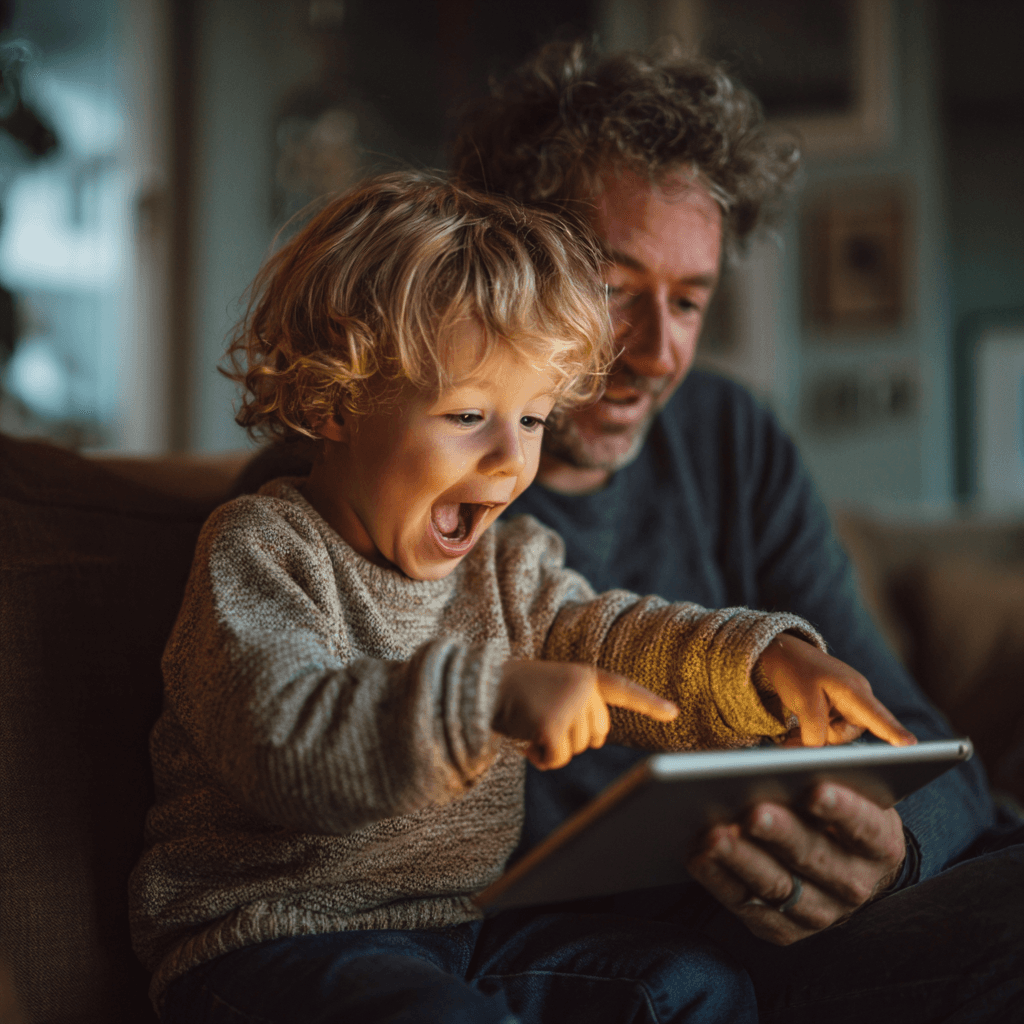 Child's face lighting up while watching personalized video with dad