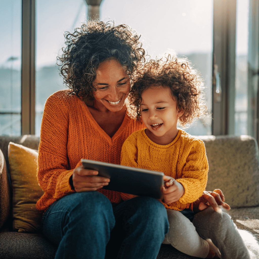 Mom and child enjoying content together