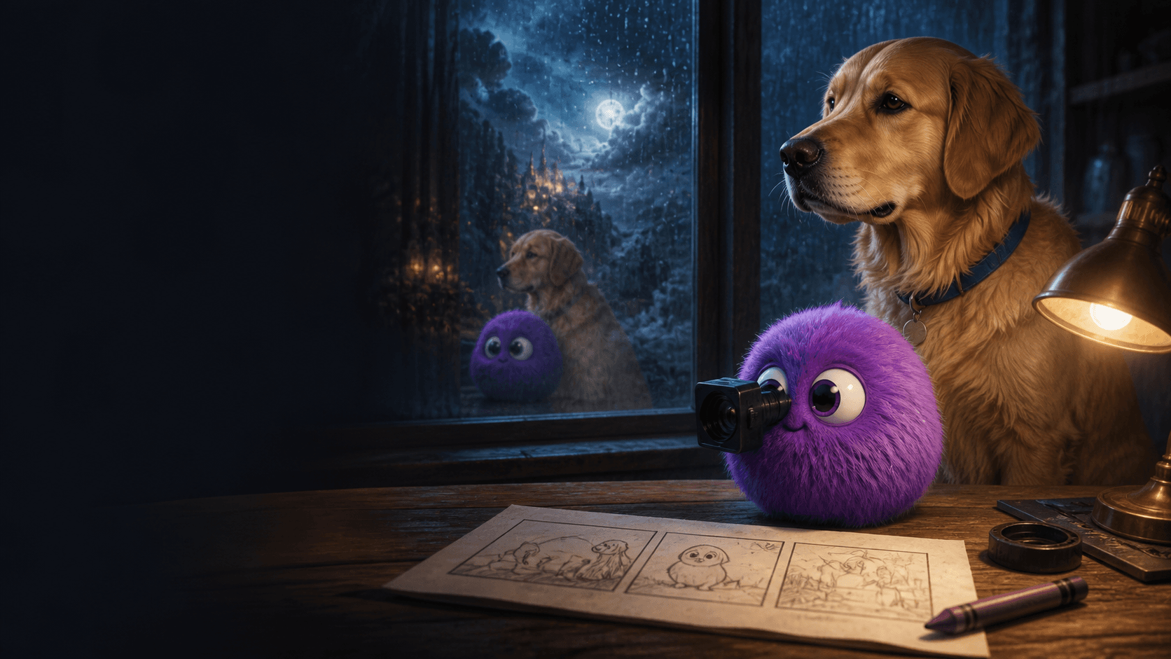 Bloop directs a tiny film while Rufus watches beside him