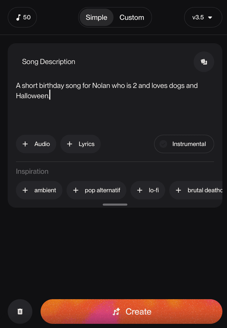 Suno AI simple prompt interface example